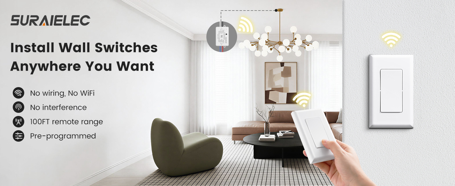 SURAIELEC Wireless Light Switch and Receiver Kit, remote Wall Switch