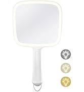 Lighted Handheld Mirror with 3 Light Color and Dimmable, 6.2'' X 5.9'' Makeup Mirror, Wide Viewin...