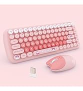 Cute Compact Wireless Keyboard and Mouse Combo, 84 Typewriter Style Candy Color Round Keys, Cat S...