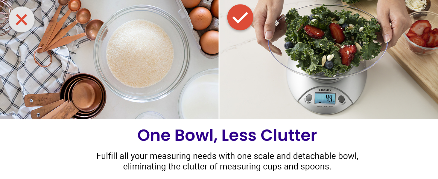 Use one scale and one bowl to replace the clutter of measuring cups and spoons