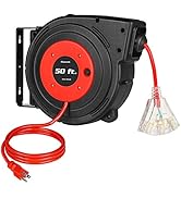 DEWENWILS Retractable Extension Cord Reel, 50FT Power Cord Reel with 14AWG/3C SJTOW, 13A Circuit ...