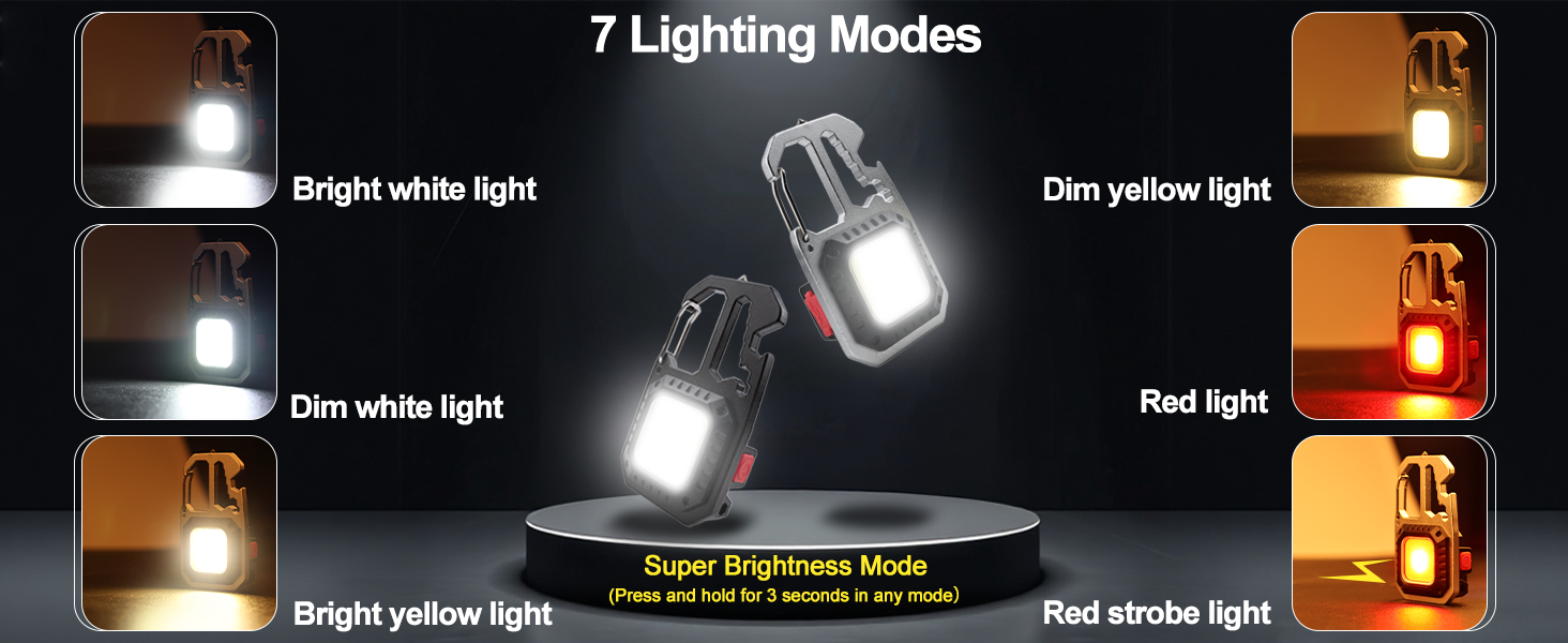 7 Light modes,White bright?dim,yellow bright?dim ,red?red strobe press 3s to brightest mode