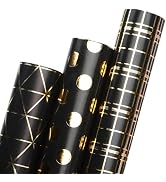 Ribbli Birthday Wrapping Paper Black and Gold Gift Wrap for Father's Day Men Husband Boyfriend Mi...