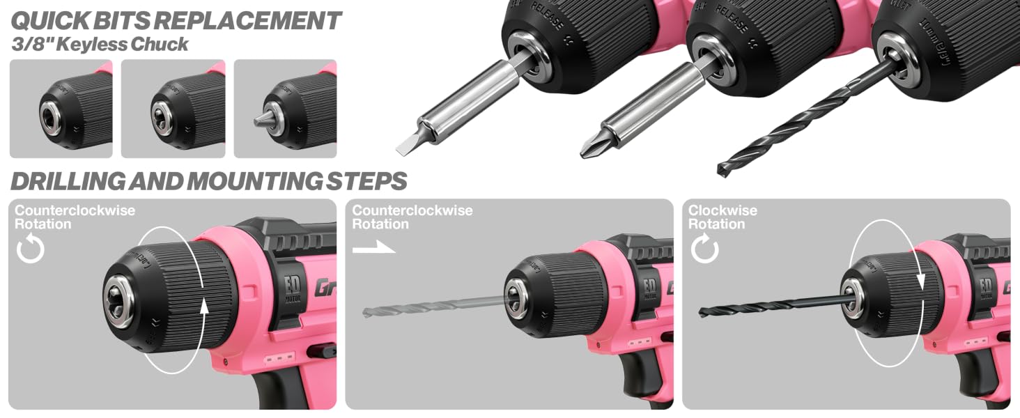3/8&amp;#34; keyless chuck enables quick bit changes, with guidance for clockwise and counterclockwise