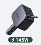 UGREEN 145W 4-Port Retractable Car Charger, 3C1A USB C Fast Charger with 60W Retractable Cable, C...