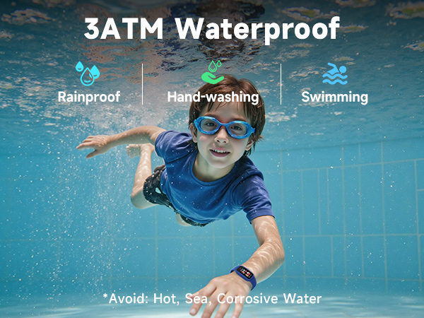 Text reads '5ATM Waterproof', 'Rainproof', 'Hand-washing', 'Swimming', '*Avoid: Hot, Salt, Corrosive Water'. Underwater photos showing device waterproof capabilities.
