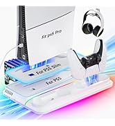 PS5 Pro Stand,PS 5 Cooling Station with Dual PS5 Controller Charger 3 Quiet Level Fan,3 USB Hub F...