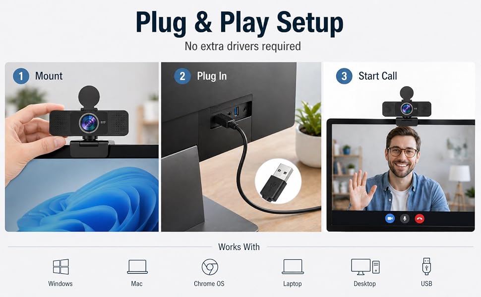 Plug and play 4K USB webcam for laptop, desktop, monitor, Windows, Mac, and Chrome OS