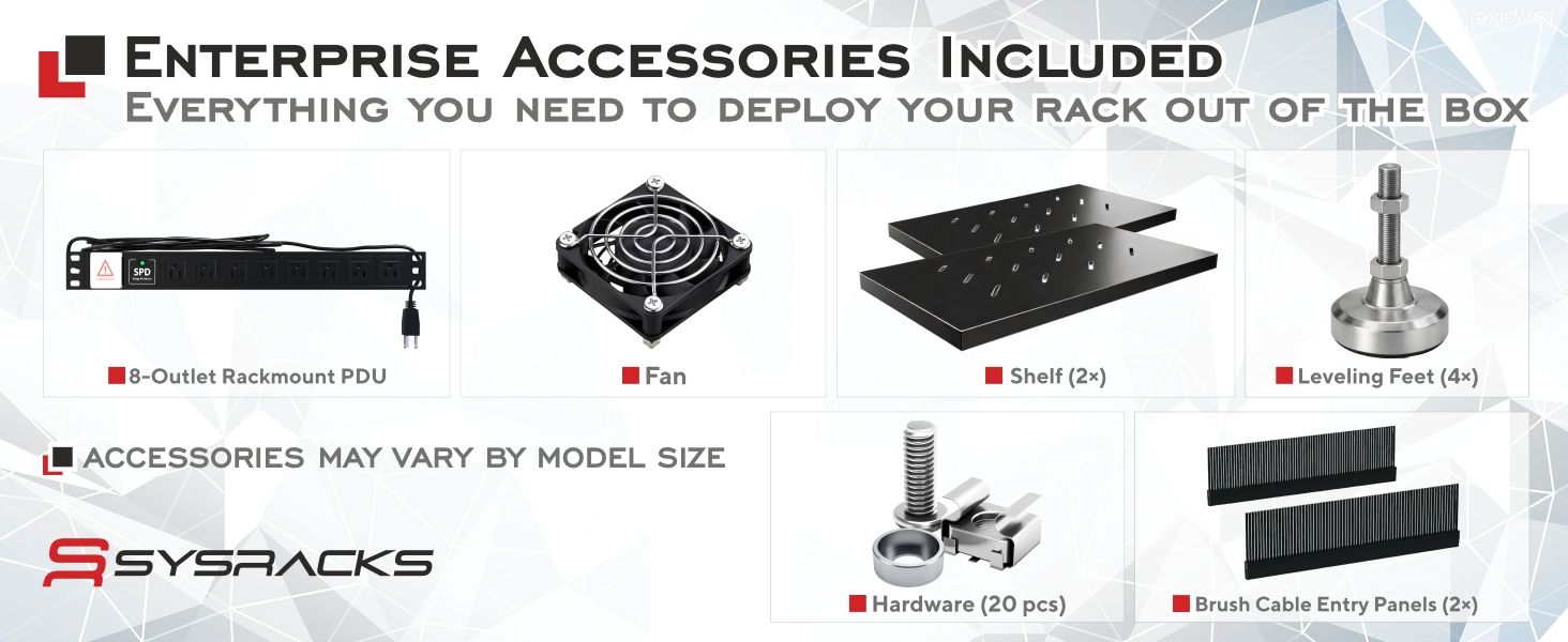 Server rack accessories displayed - PDU, FAN,vented steel shelf, leveling feet, hardware