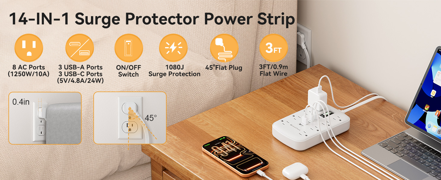 White Extension Cord 3 Feet Surge Protector-8 AC Outlets with 6 USB Ports (3 USB-C)