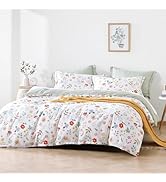 LEMIROE Botanical Cotton Comforter King Size 3Pcs - Colorful Flowers, Berries and Leaves on White...