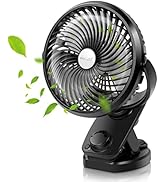 ELZO Clip on Fan, 5000mAh Mini USB Desk Auto Oscillating Small Fan, 360° Rotation Rechargeable St...