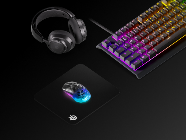 Coordinated black mousepad, mouse, keyboard and headset