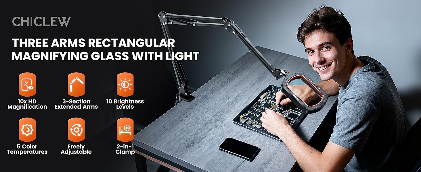 Text reads 'CHICLEW', 'THREE ARMS RECTANGULAR MAGNIFYING GLASS WITH LIGHT'. Product demonstration image showing illuminated magnifying glass with multiple adjustment arms.