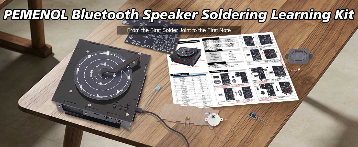 Text reads 'PEMENOL Bluetooth Speaker Soldering Learning Kit'. Flatlay of educational electronics kit on wooden surface showing circuit board, instruction manual pages, and various electronic components for assembly.