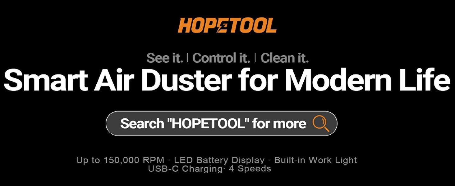 Hopetool brand banner Smart Air Duster for Modern Life with key features