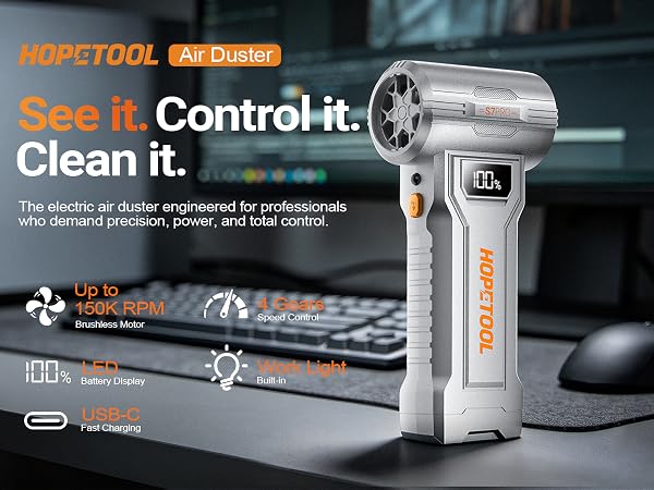 Hopetool S7 Pro cordless electric air duster with LED display on professional workstation desk