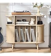 LELELINKY Large Round Record Player Stand with Charging Station &amp; Fluted Display Shelf, Natural M...