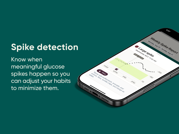 Spike detection. Know when meaningful glucose spikes happen. Phone laying on flat surface with spike