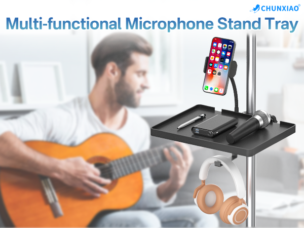 Universal Microphone Stand Tray with Phone &amp; Headphone Holder