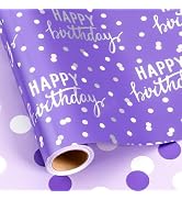 MAYPLUSS Birthday Wrapping Paper Roll - 17 Inch X 16.5 Feet - Purple Glitter Happy Birthday Lette...
