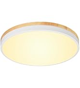 HLinghtnet White Wood 24W Modern LED Flush Mount Ceiling Light, Close to Ceiling Light Fixture, 2...