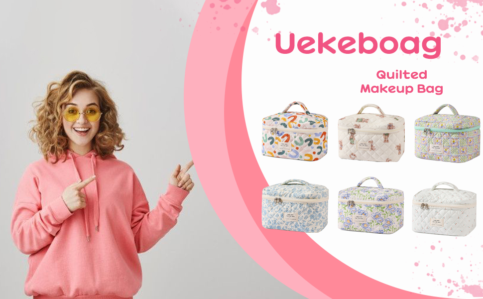  Quilted Makeup Bag for Women, Floral Cotton Cosmetic Bag