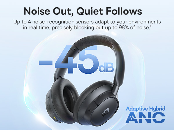 Text reads 'Noise-Out, Quiet Fellows' and 'Up to -45dB'. Marketing image showing over-ear headphones with noise cancellation features.