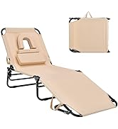 Goplus Tanning Chair, Folding Beach Lounge Chair with Face Hole, Removable Pillow, 350LBS Capacit...
