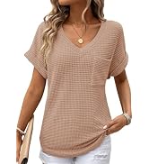 Dokotoo Womens Waffle Knit Tops 2026 Spring Summer V Neck Shirts Casual Trendy Women's Blouses Ba...