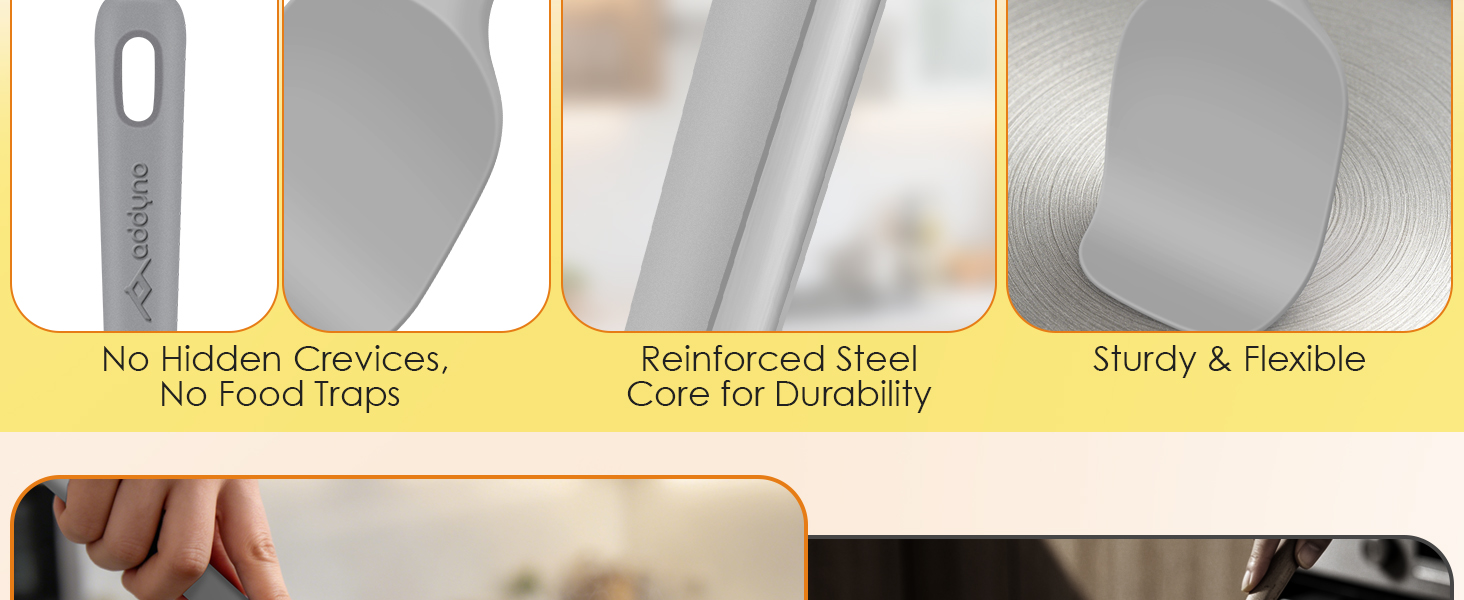 Silicone kitchen utensils with seamless design, reinforced steel core, and sturdy yet flexible heads
