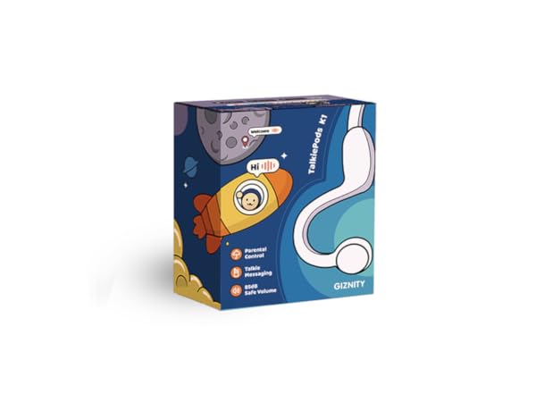 TalkiePods K1 retail box—kids open-ear Bluetooth headphones with 85 dB, parental controls, Talkie.