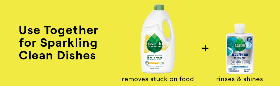 Use together for sparkling dishes. Product plus rinse aid on a yellow background.