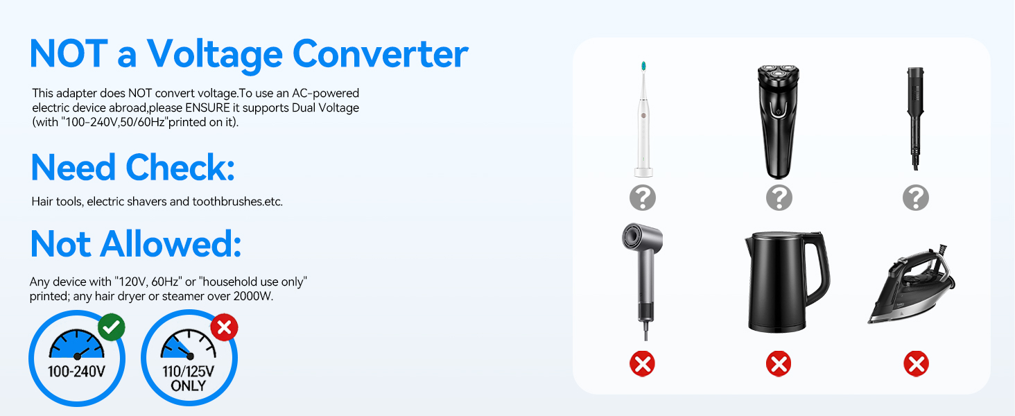 This adapter does NOT convert voltage,ENSURE it supports Dual Voltage 100-240V,50/60Hz