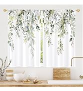 MitoVilla Sage Green Eucalyptus Leaves Kitchen Curtains 39 inch Length, Watercolor Floral Short C...