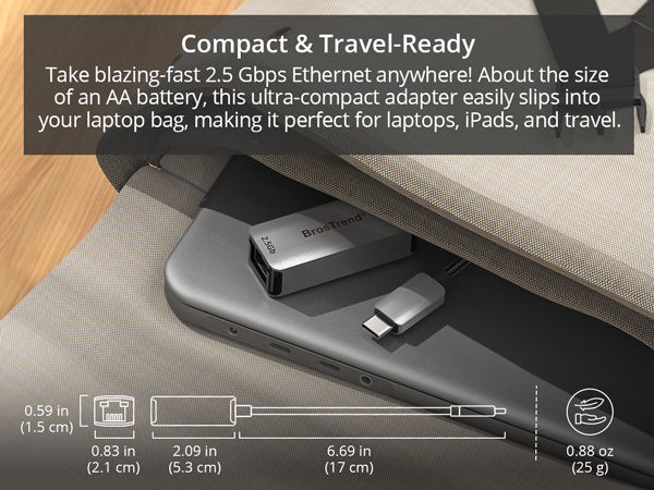 Close-up of the USB-C to Ethernet Adapter in Laptop Bag Highlighting Compact Design