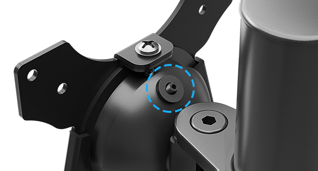 Close-up detail of a black mounting bracket or adjustment mechanism showing multiple screws and circular adjustment points highlighted in blue.