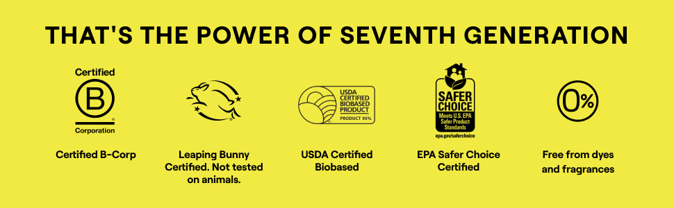 That&amp;#39;s the power of Seventh Generation. Five white credential icons shown on a yellow background