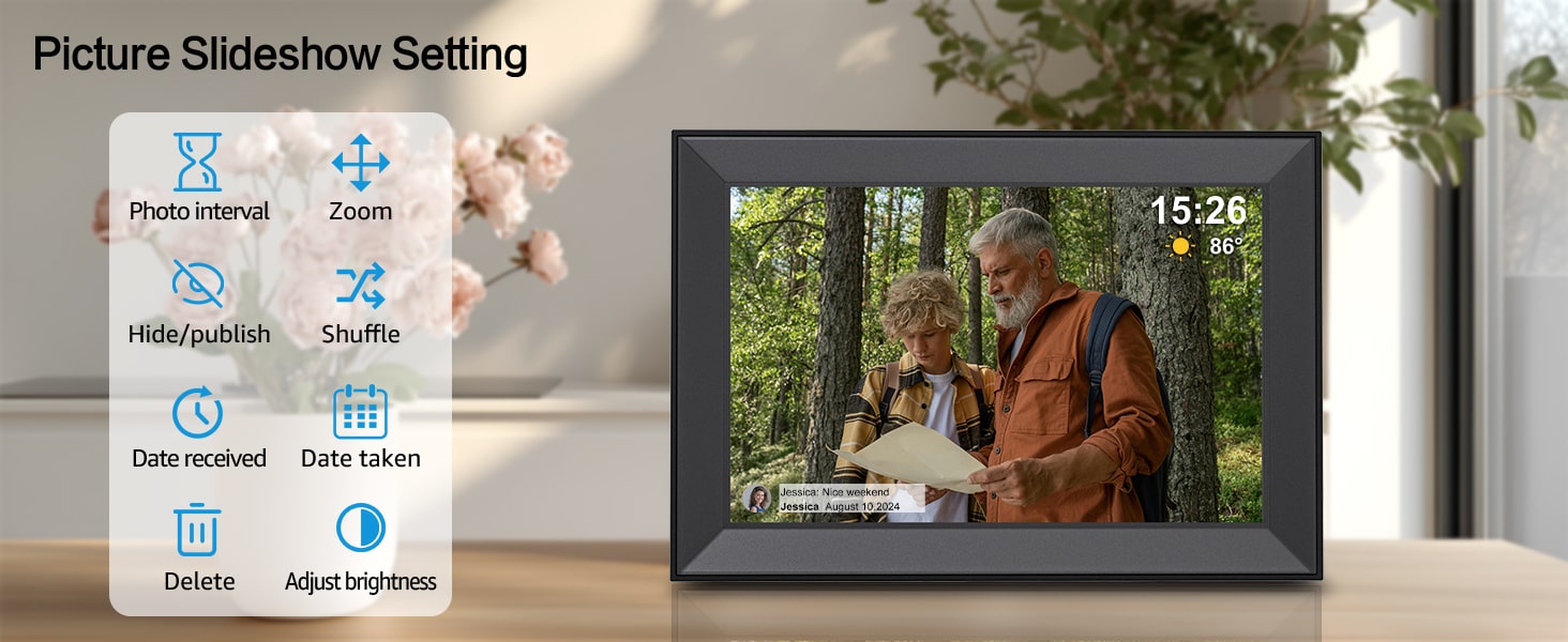 Slideshow feature with options like interval, order, hide.