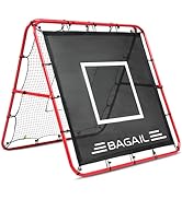 Text reads 'BAGAIL'. Red metal frame soccer rebounder with black mesh surface featuring white rectangular target area.