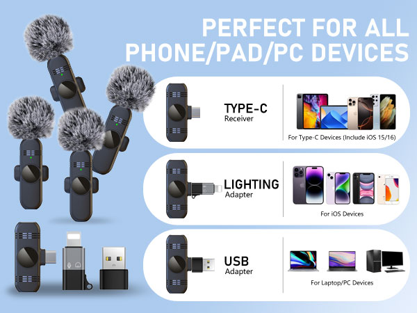 4 Wireless Lavalier Microphones Systems for Video Recording Vlog Podcast Stream TikTok