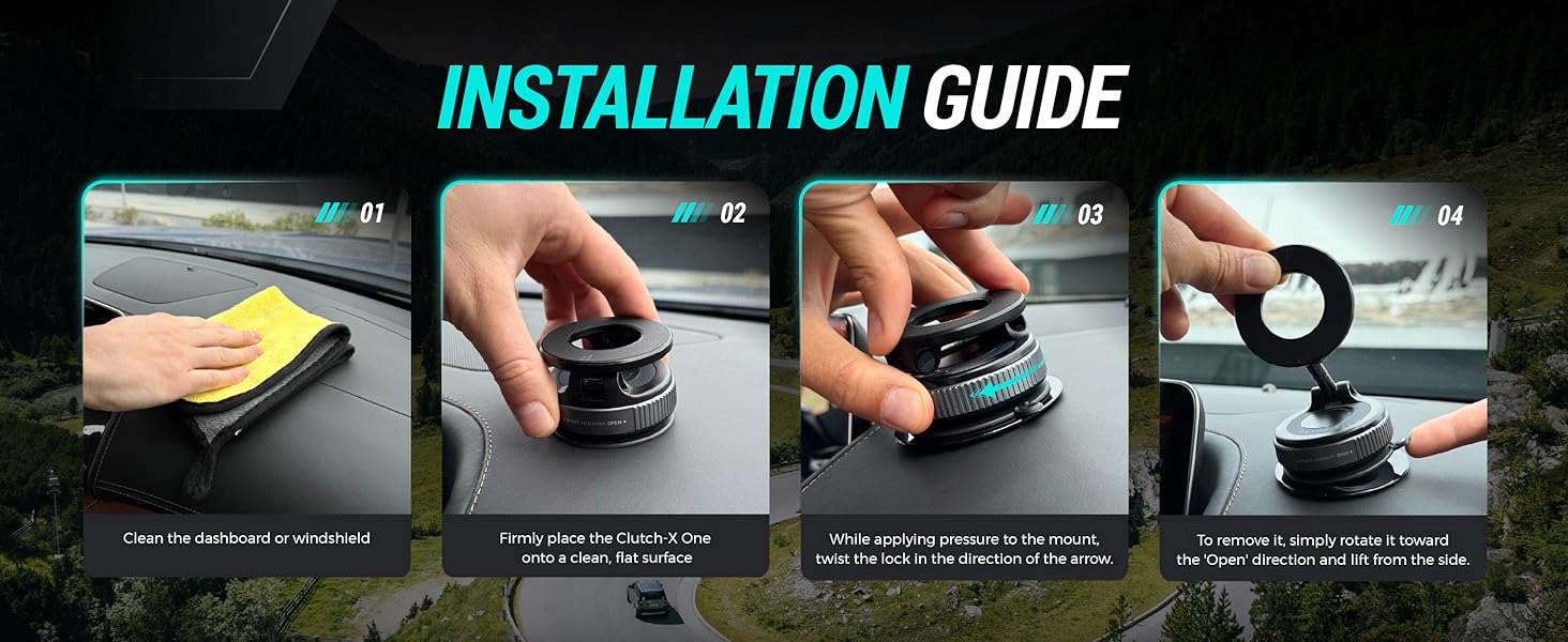 installation guide Clutch X one suction cup base car dashboard phone mount for magsafe cellphones