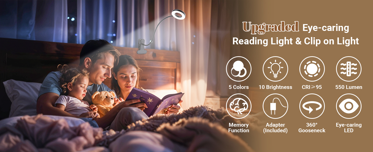 Text reads 'Eye-caring Reading Light &amp; Clip on Light'. Warm-toned promotional image showing reading light in use, with icons indicating product features.
