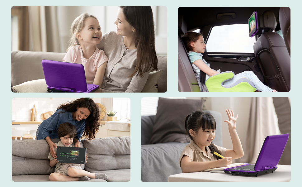Four-panel collage showing people using purple laptops in different casual settings - on couch, in car backseat, and lying on bed.