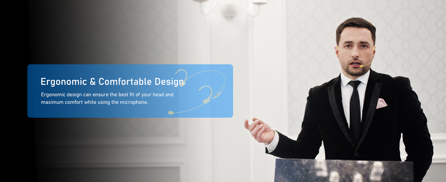 A man in a black suit gestures towards a blue banner highlighting 'Ergonomic &amp; Comfortable Design', suggesting a product presentation focused on comfort and ergonomics.