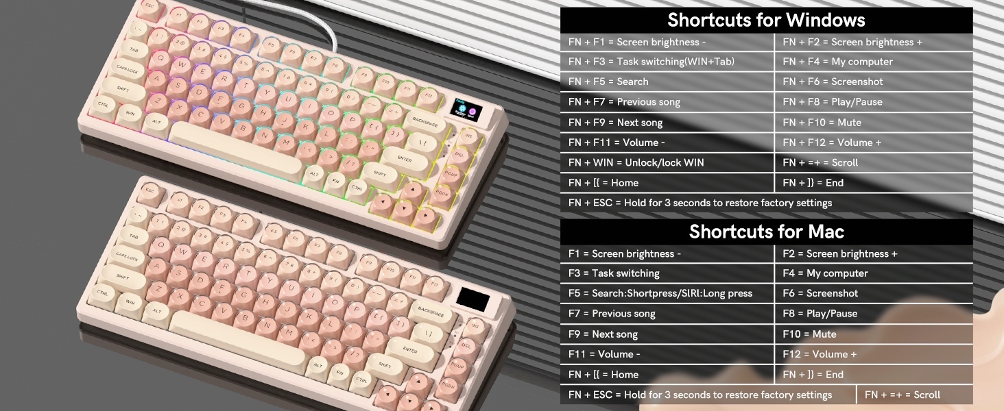 Pink Mechanical Gaming Keyboard 75% with Color Multimedia Display Jelly Keyboard Wired