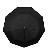 Large black umbrella with automatic open/close mechanism, shown fully extended. Features a sturdy frame and classic curved handle design.