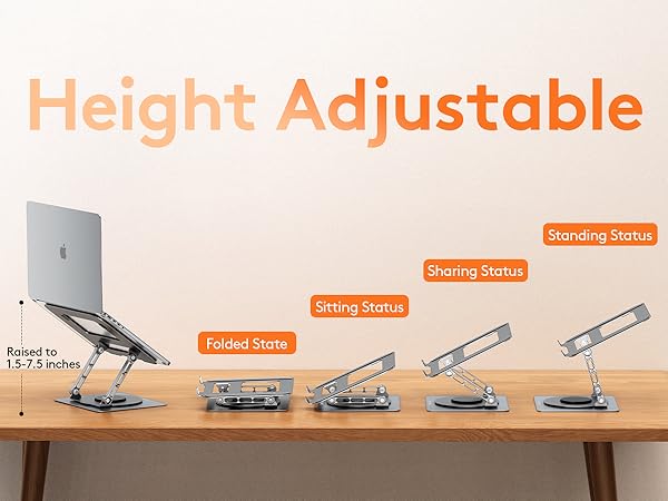 Text reads 'Height Adjustable' with diagram showing five positions of adjustable laptop stand, labeled with 'Folded Mode', 'Gaming Mode', 'Strong Stable', and 'Everyday Mode'.