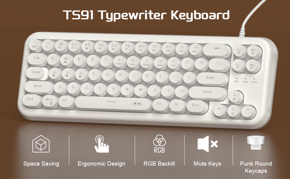 TS91 Compact 68 Keys Retro Round Keycaps Mini White Keyboard