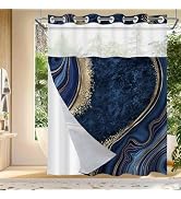 No Hook Shower Curtain with Snap in Liner, Navy Blue Marble Shower Curtain, Fabric Waterproof Inn...